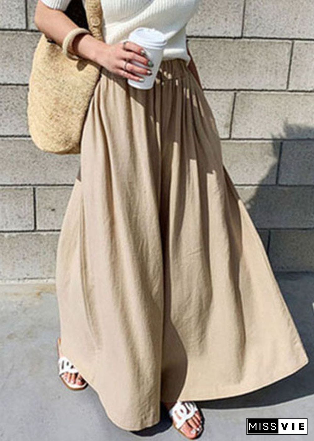 Women Khaki Elastic Waist Solid Color Cotton Wide Leg Pants Summer