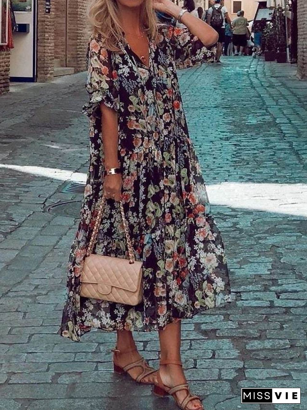 Women's Loose Midi Dress Half Sleeve Floral / Botanical Spring Summer V Neck Vacation Boho Holiday Loose  S M L XL XXL