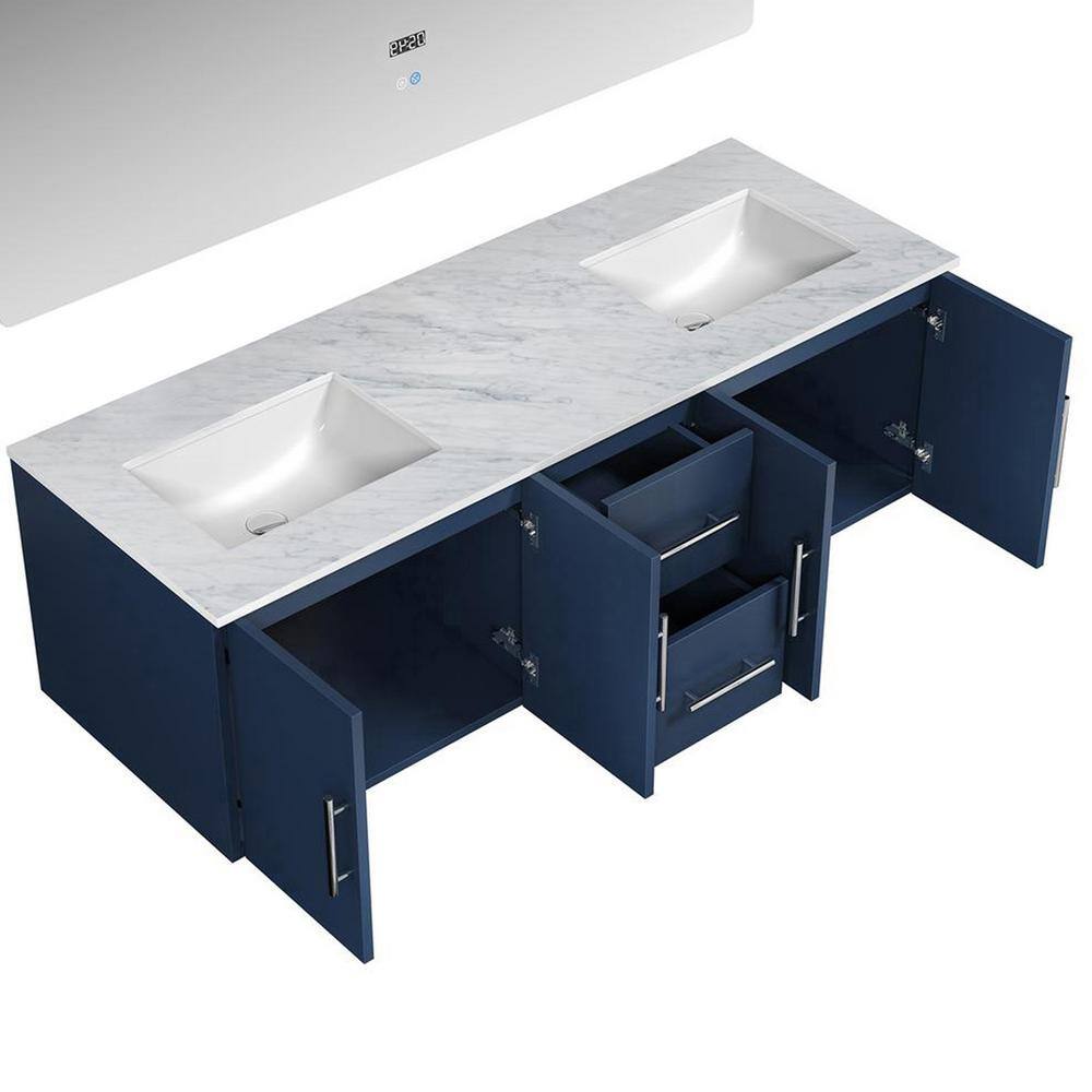 Lexora Geneva 60 in. W x 22 in. D Navy Blue Double Bath Vanity Carrara Marble Top and 60 in. LED Mirror LG192260DEDSLM60