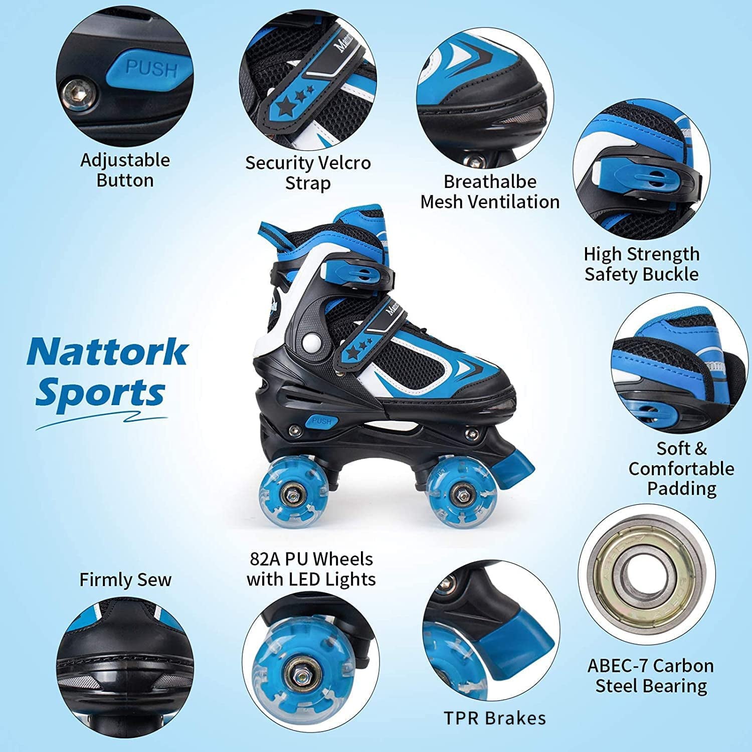 Nattork Roller Skates for Boys Girls Kids 4 Sizes Adjustable Quad Skates with Illuminating Wheels Blue Size M