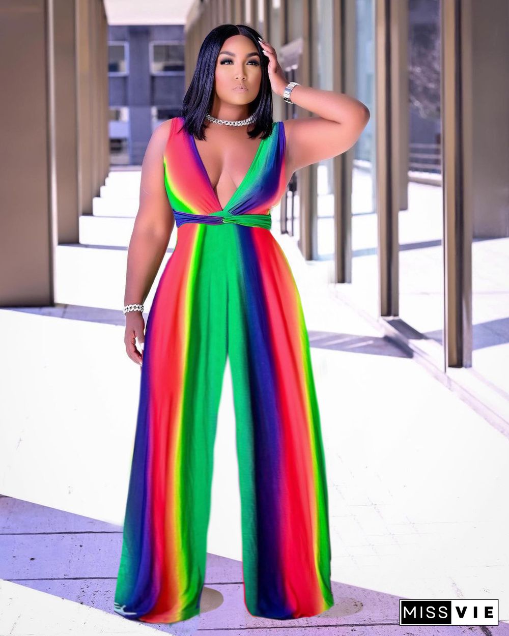 Summer Deep V Sleeveless Loose Rainbow Stripes Jumpsuit