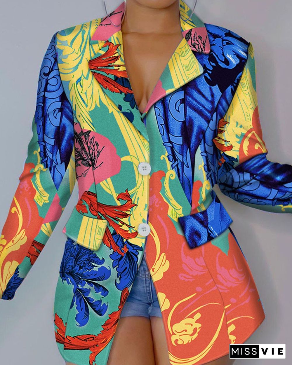 Floral Print Buttoned Pocket Decor Blazer Coat