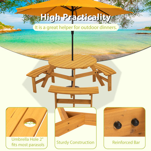 6-Person Circular Outdoor Wooden Picnic Table for Patio， Backyard， Garden， DIY W/ 3 Built-in Benches， 1720lb Capacity - Natural