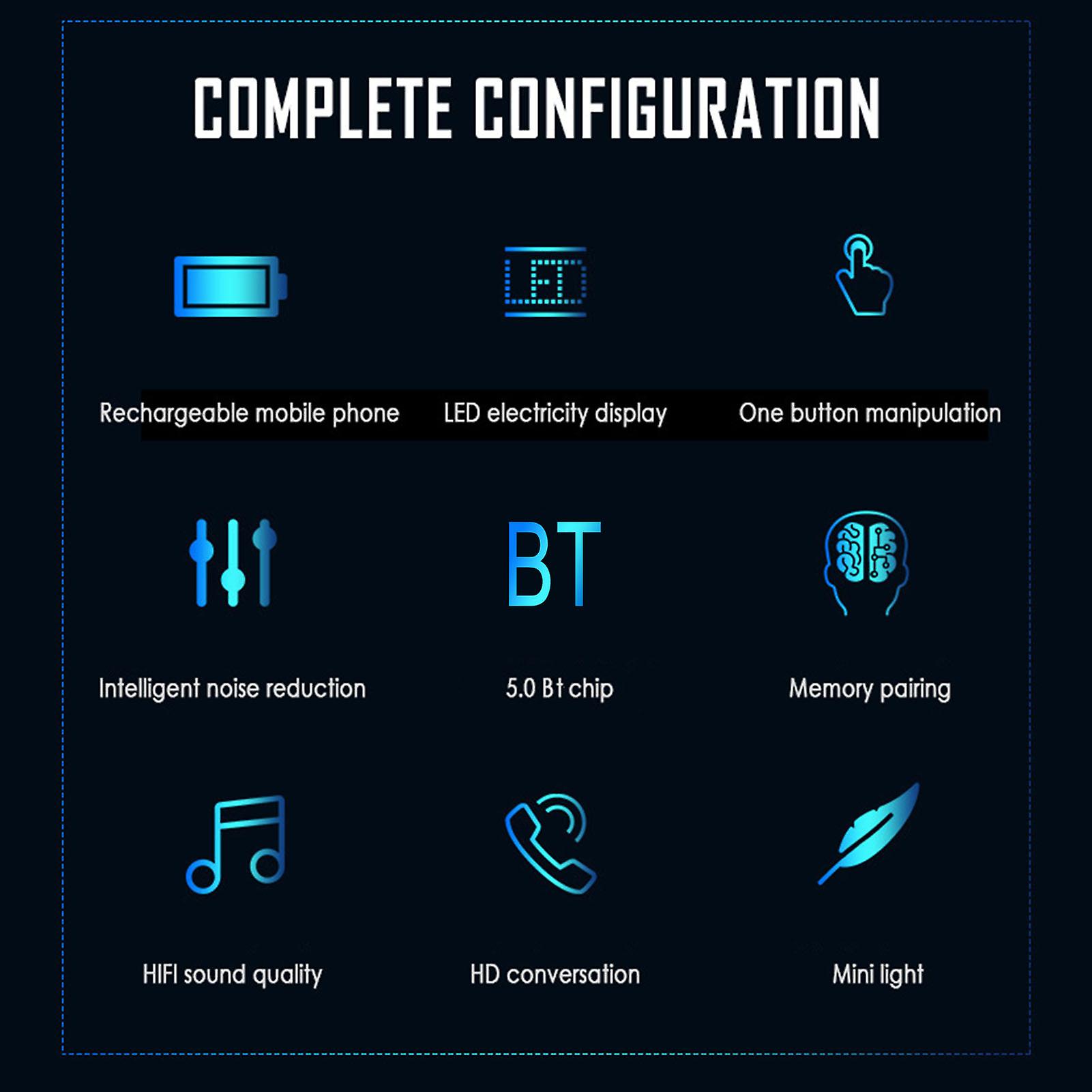 F9-2u Cordless Bt5.0 Earphones Sports Mini Headphones Auto Pairing Touch-control Noise Reduction Sweatproof Power-bank and Smartphone Holder Function Bl