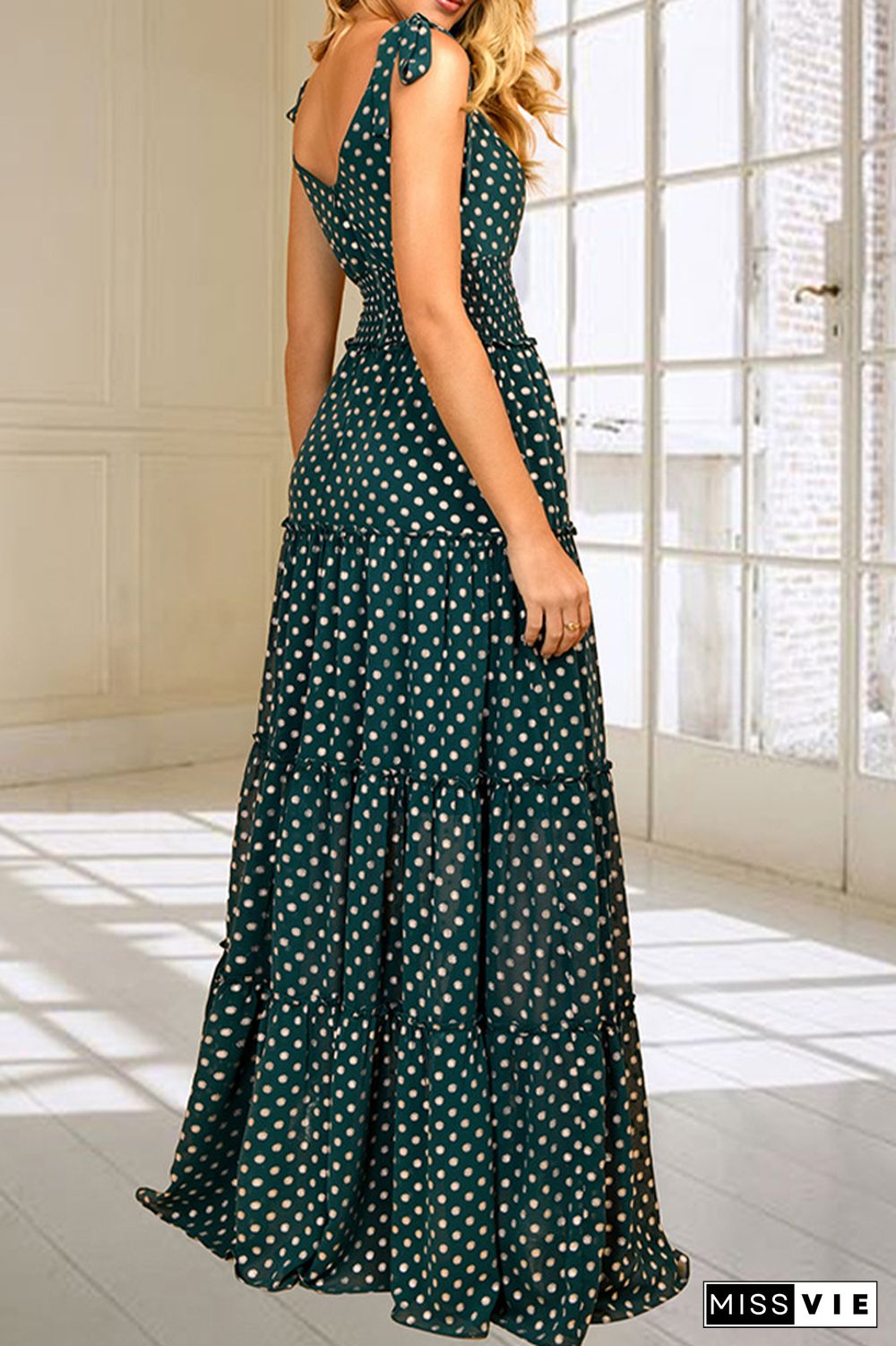 Polka Dot V Neck Sleeveless Long Dress Wholesale