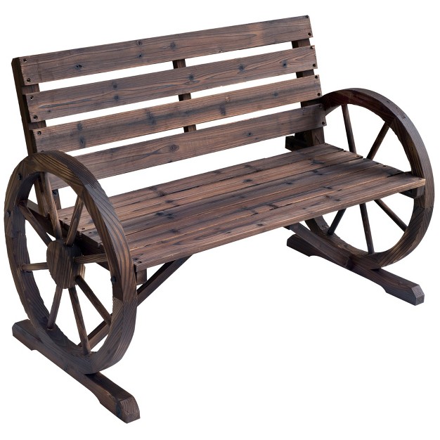 Outsunny Wooden Wagon Wheel Bench Rustic Outdoor Patio Furniture 2 person Seat Bench With Backrest