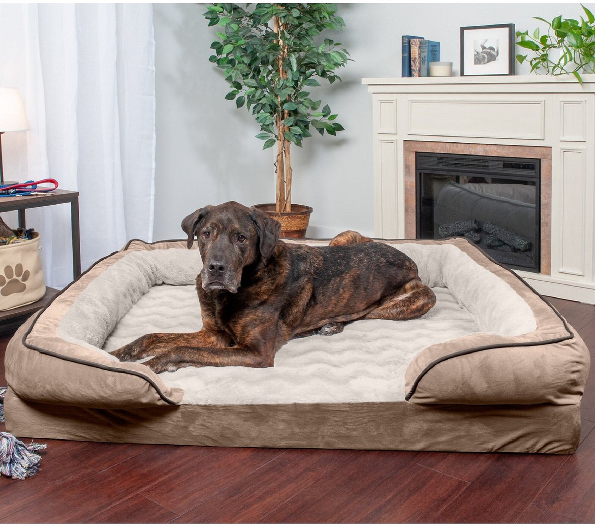 FurHaven Velvet Waves Perfect Comfort Orthopedic Sofa Cat and Dog Bed， Brownstone， Jumbo Plus