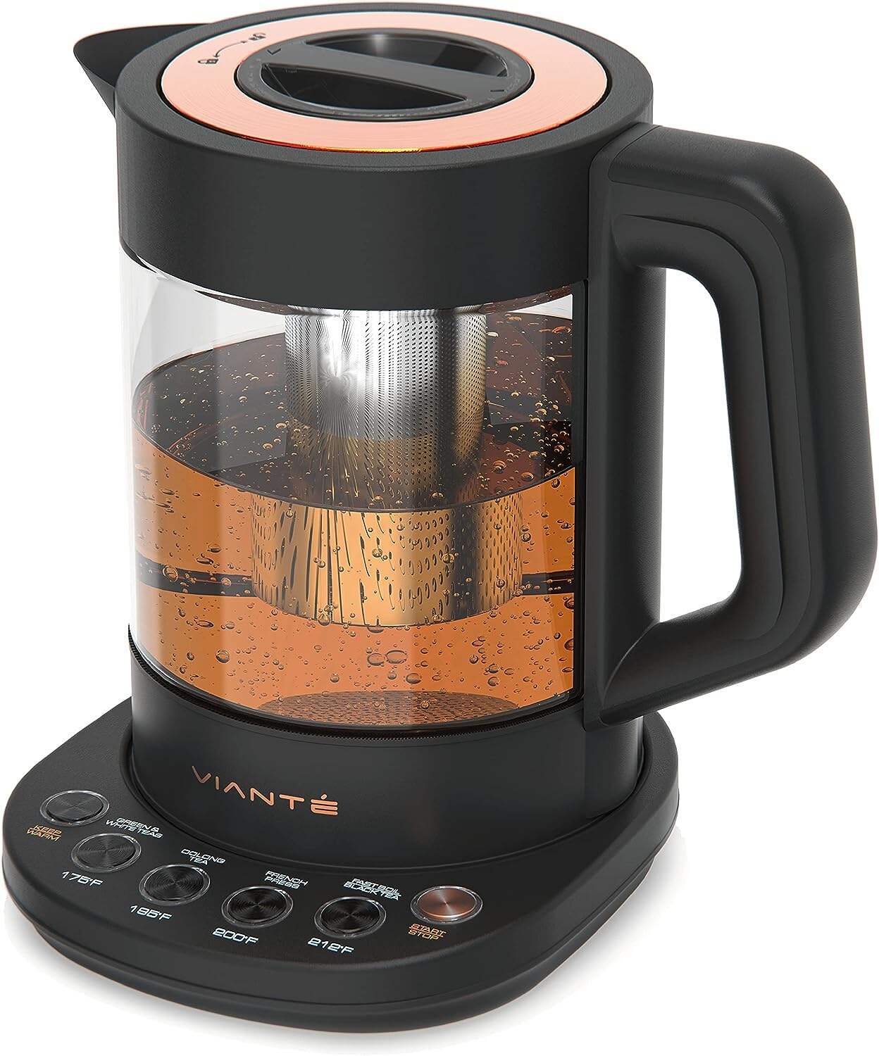 Vianté Hot Tea Maker Electric Glass Kettle with tea infuser and temperature control. Automatic Shut off. Brewing Programs for your favorite teas and Coffee.