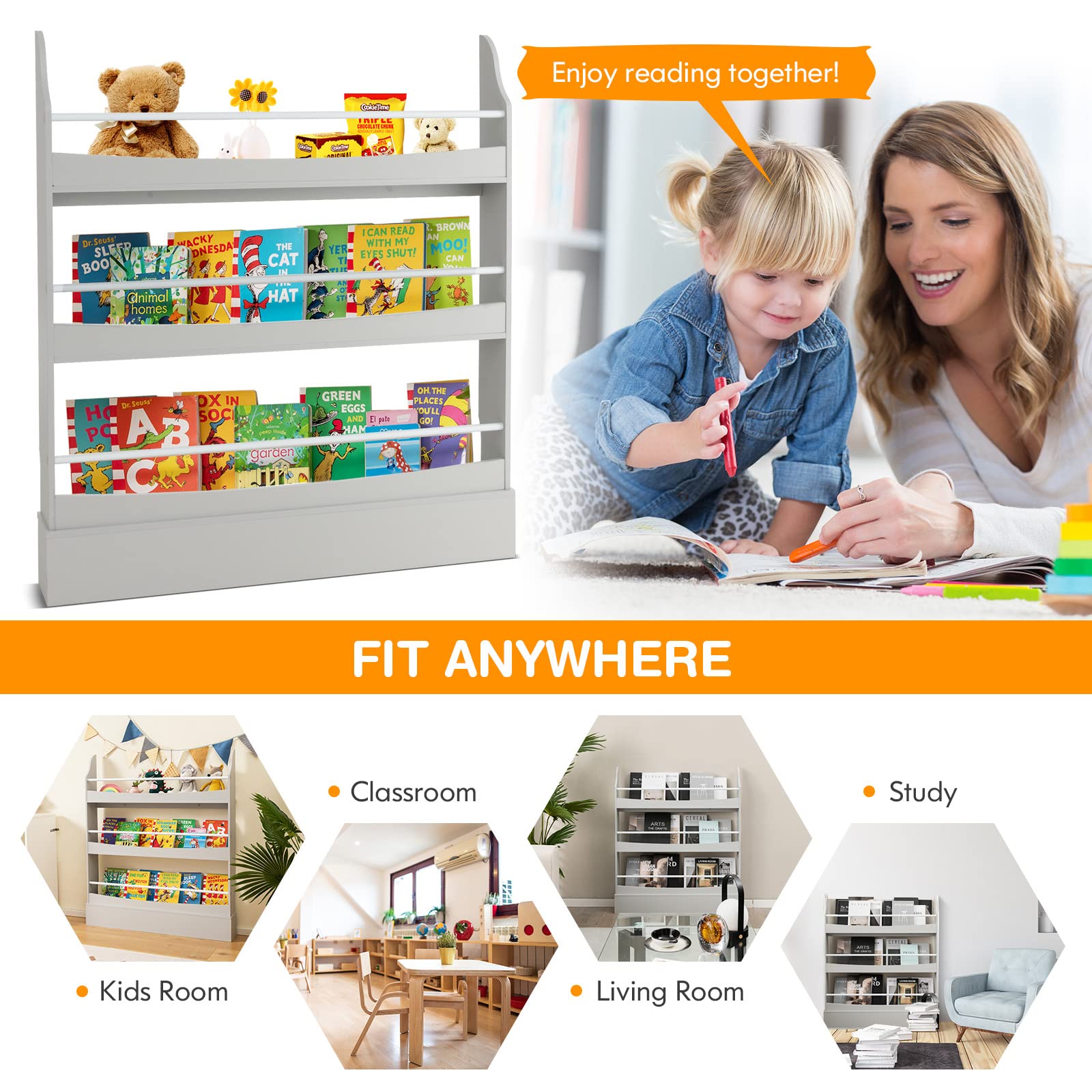 Costzon Kids Bookshelf, Book Shelf Organizer for Books and Toys, Toddler Space-Saving Wall