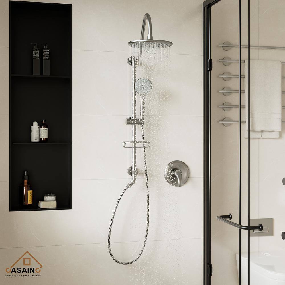 CASAINC 3-Spray Patterns 2.5GPM Round 10 in. Wall Bar Shower Kit with Hand Shower and Slide Bar in Brushed Nickel CS19S101BN