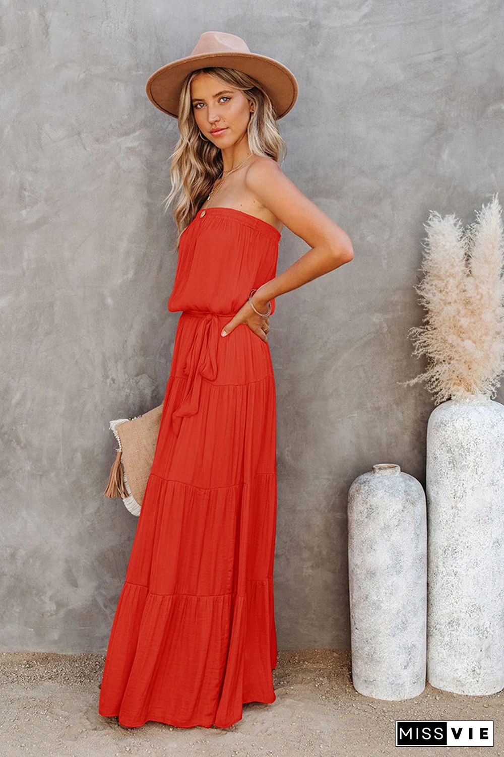 Strapless Tie Waist Splicing Maxi Dress