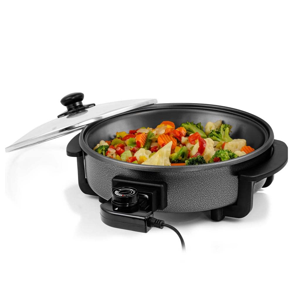 OVENTE 12 In. Black Non Stick Electric Skillet Aluminum Body and Tempered Glass Lid, Removable Temperature Knob SK11112B