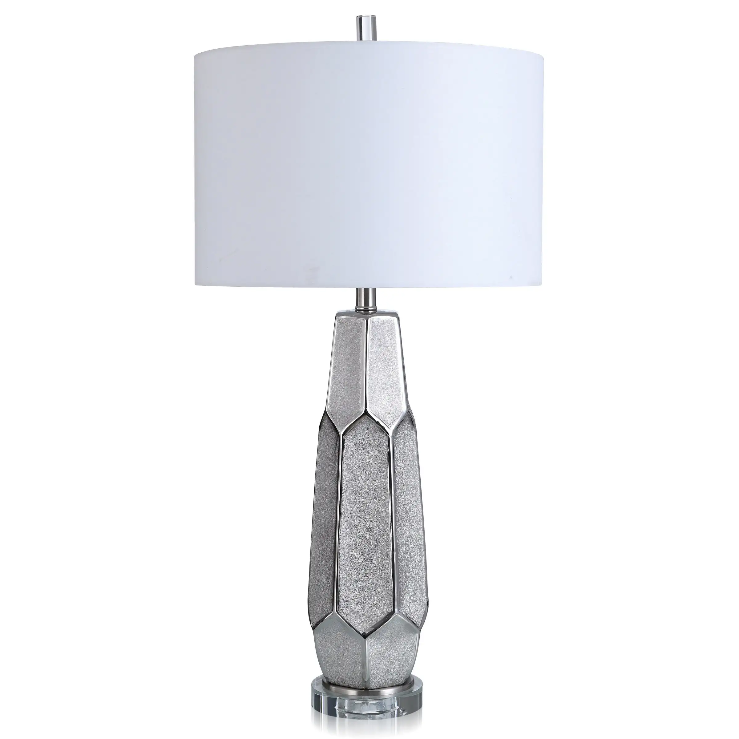 Zara - Carved and Textured Body Ceramic Table Lamp - Silver Finish - White Shade