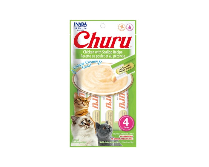 Inaba Churu Wet Cat Treats， Tuna With Scallop Recipe， 4 Tubes