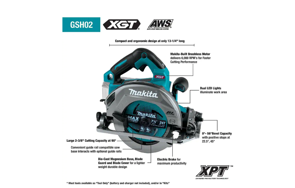 Makita GSH02Z 40V Max XGT Brushless Cordless 7-1/4 in. Circular Saw with Guide Rail Compatible Base， AWS Capable (Tool Only)