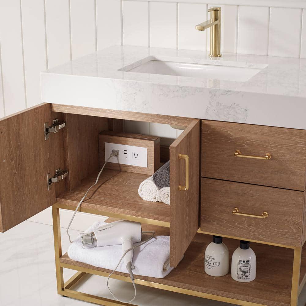 ROSWELL Alistair 36 in Bath Vanity in North American Oak with Grain Stone Top in White with White Basin