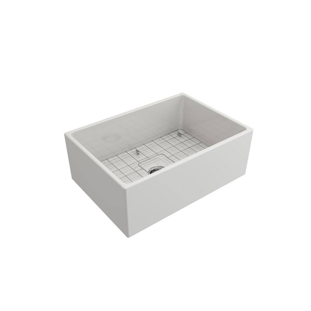 BOCCHI Contempo Farmhouse Apron Front Fireclay 27 in. Single Bowl Kitchen Sink with Bottom Grid and Strainer in White 1356-001-0120