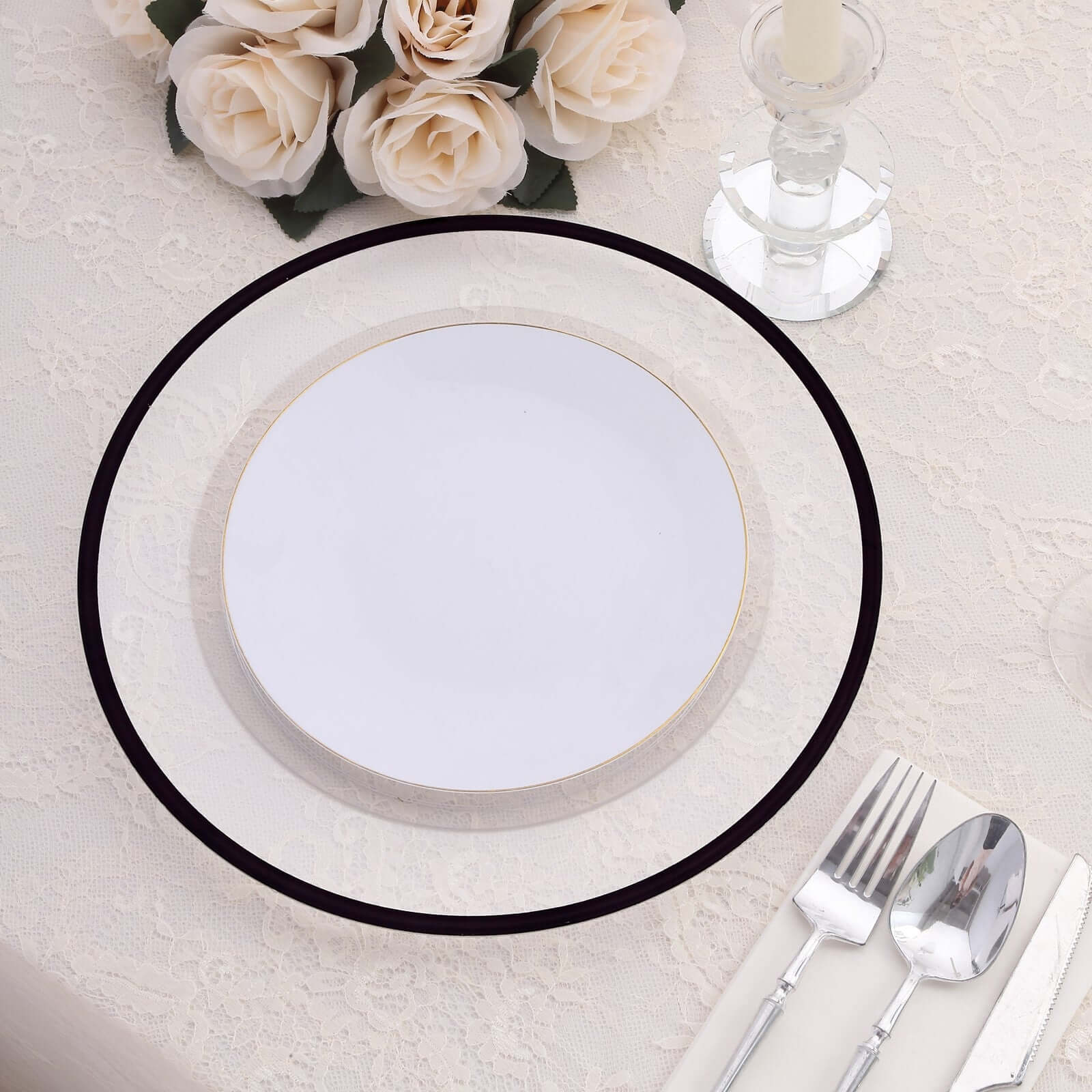 10 Pack Clear Economy Plastic Charger Plates With Black Rim, Round Dinner Chargers Event Tabletop Decor - 12