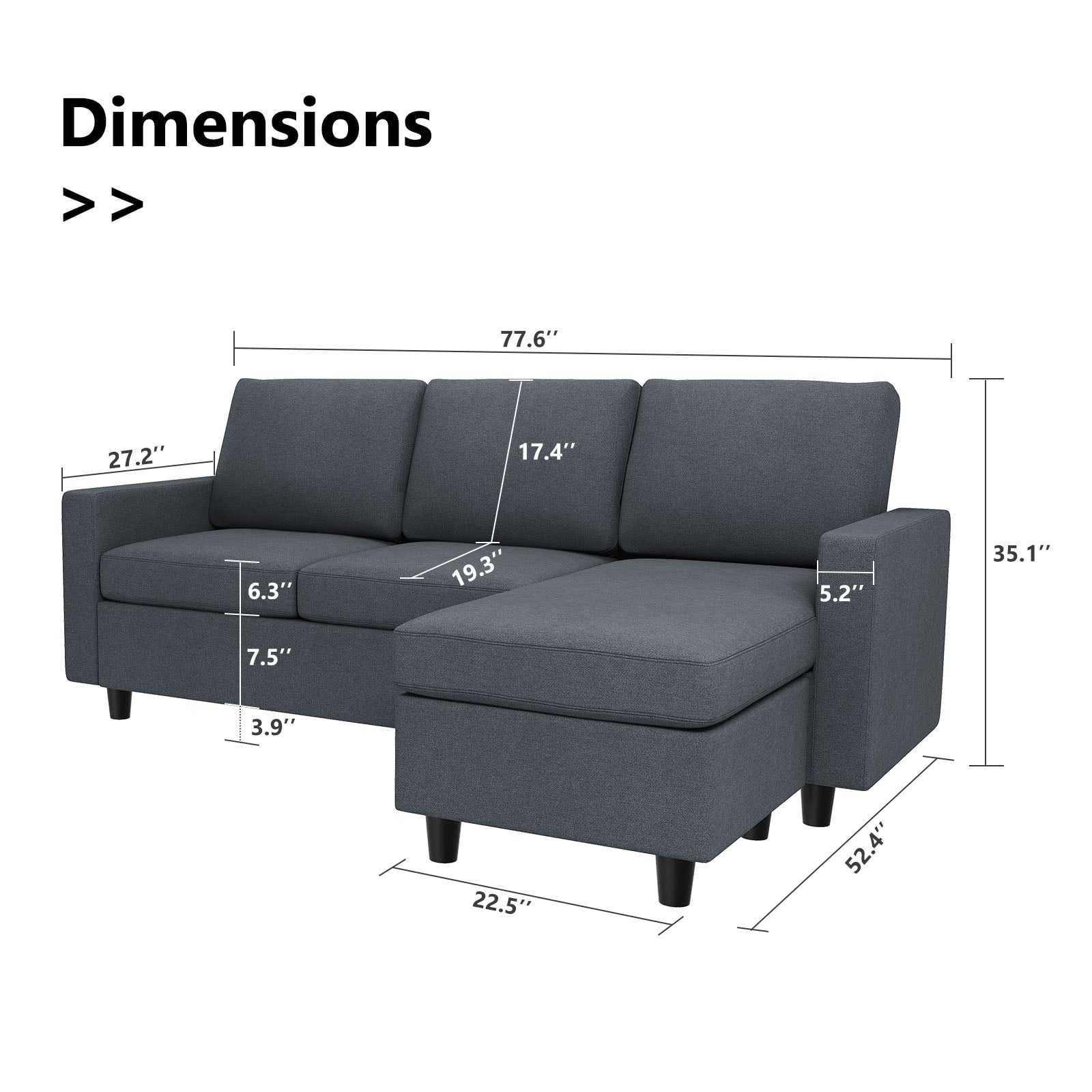 HONBAY Reversible Sectional Apartment Sofa L-Shaped Couch for Living Room, Bluish Gray