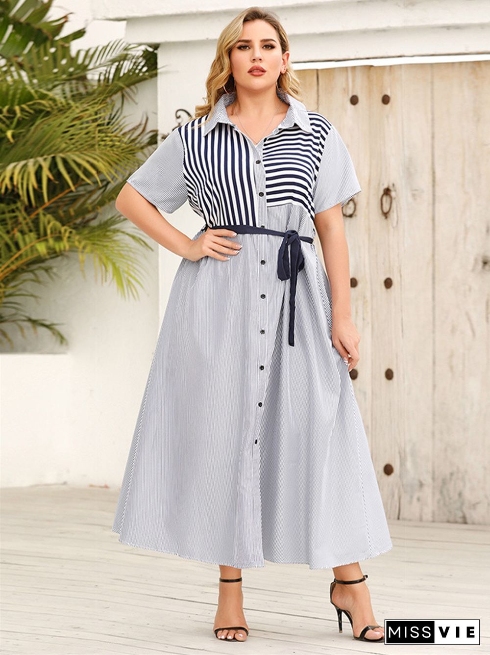 New Polo Stripe Short Sleeve Bandage Shirt Dress