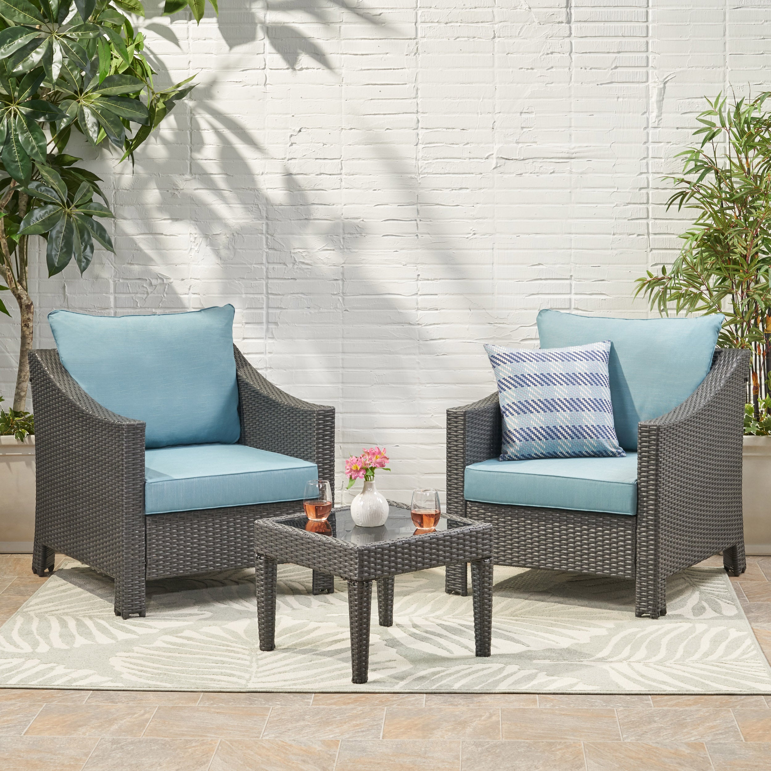 Caspian Outdoor 3 Piece Gray Wicker Chat Set with Teal Water Resistant Cushions