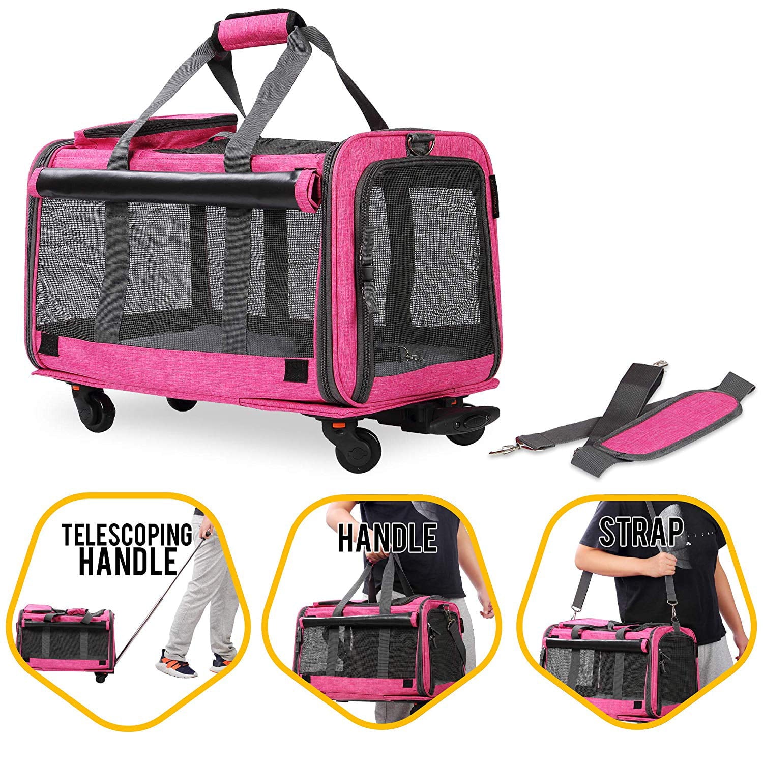 KOPEKS Pet Carrier with Detachable Wheels Stroller for Small and Medium Dogs and Cats - Heather Pink