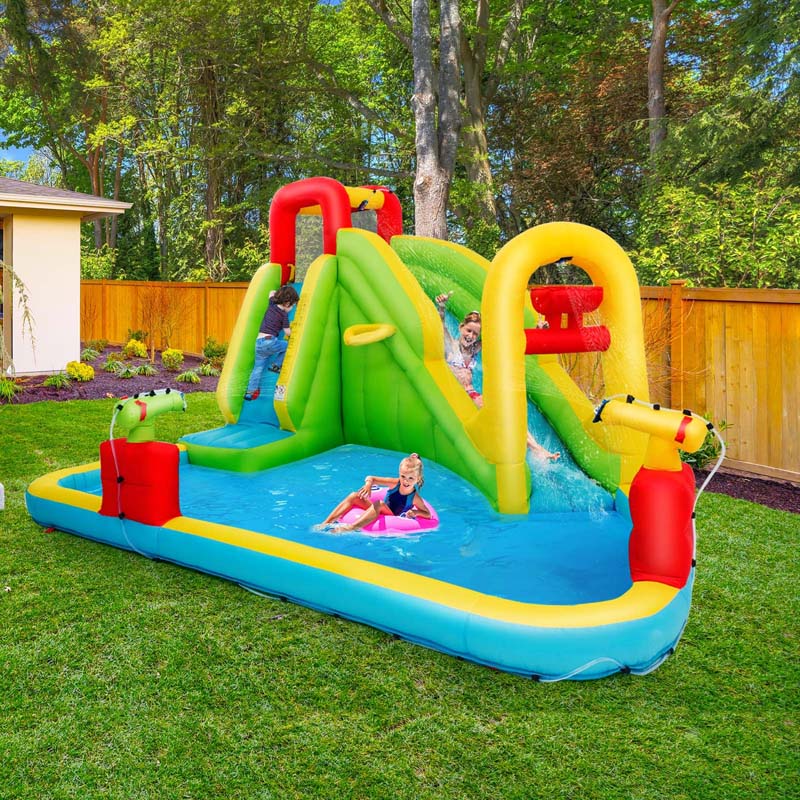 7-in-1 Kids Long Slide Water Park Inflatable Bounce House with Climbing Wall, Splash Pool, Basketball Rim, Water Cannons