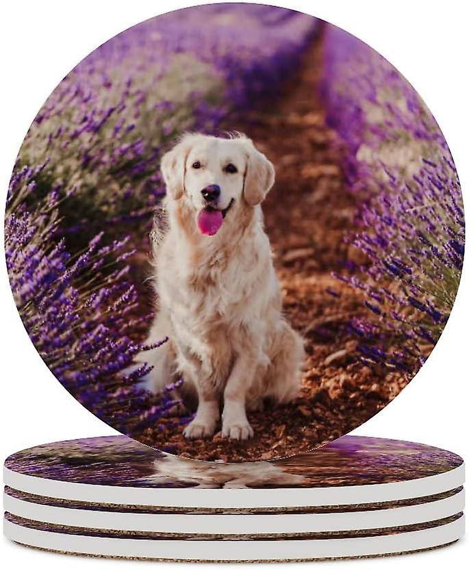 6pcs Round Adorable Golden Retriever Dog In Lavender Field Ceramic Coasters With Cork-backed For Coffee Drink Cup Mat Absorbent Stone Coasters