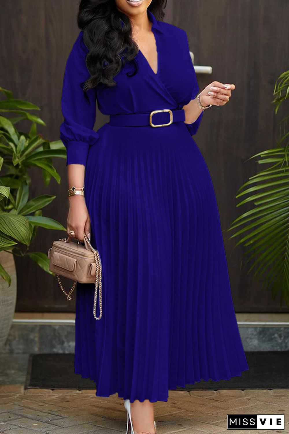 Elegant Solid Patchwork Buttons With Belt Pleated V Neck Long Dress Dresses