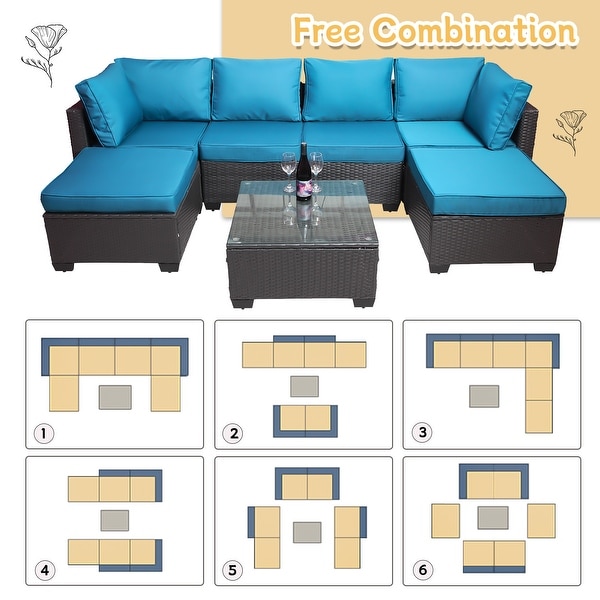 7Piece Rattan Sectional Sofa Set with Cushions and Table