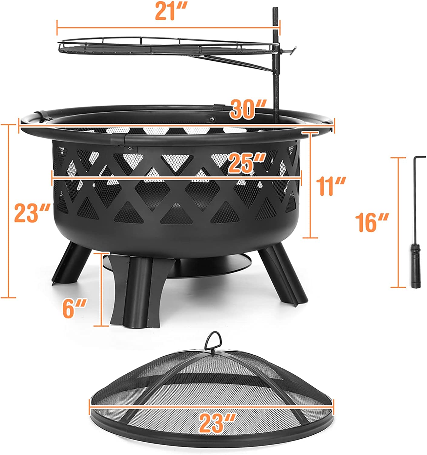 AKSG 2 in 1 Fire Pit with Cooking Grate 30'' Wood Burning Firepit Outdoor Fire Pits Steel Firepit Bowl Outside with Swivel BBQ Grill， Spark Screen， Poker for Backyard Garden Bonfire Patio