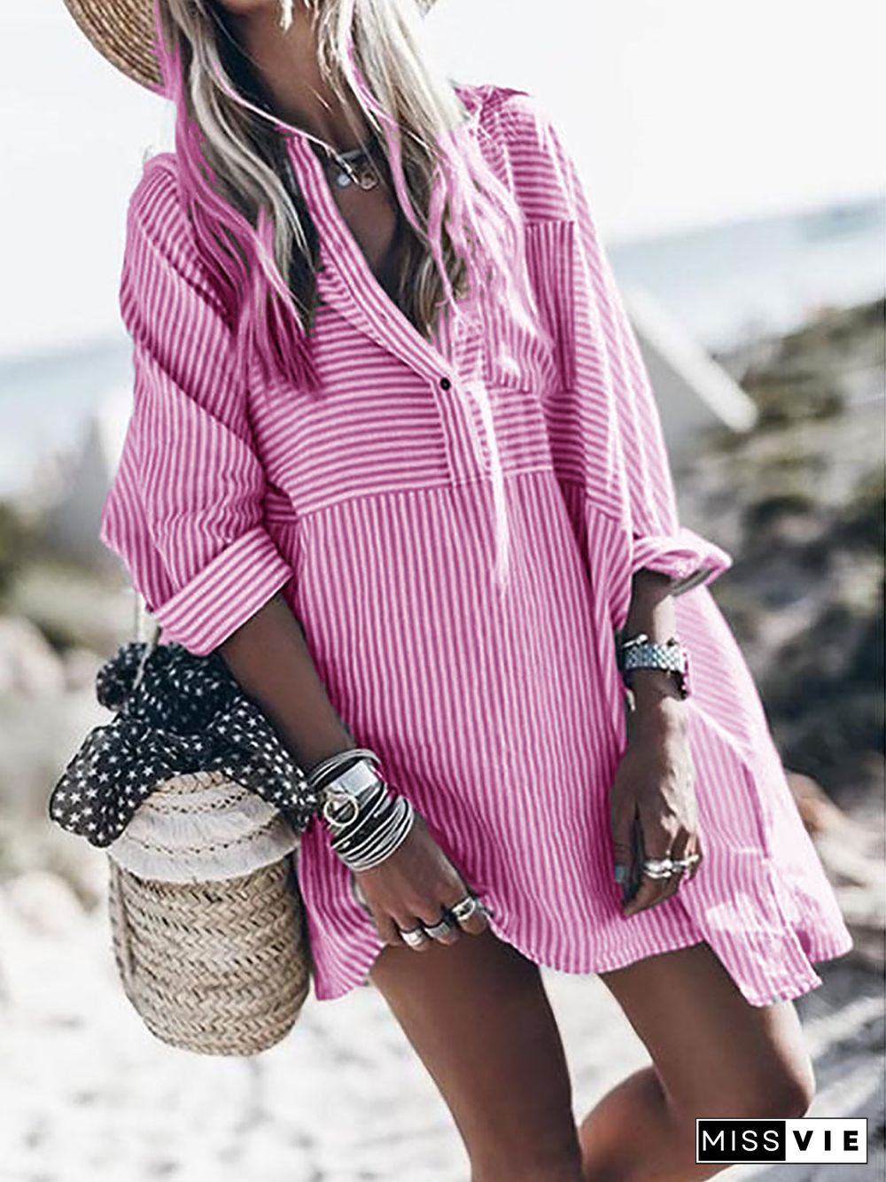 Striped Long Sleeve Tunic Blouses