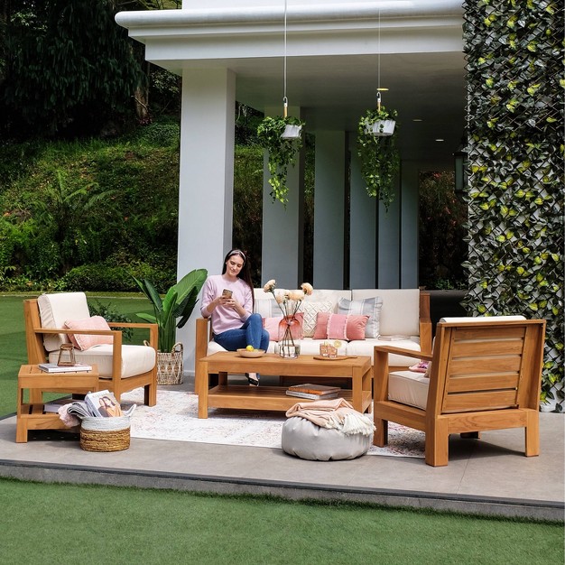 Logan Outdoor Teak Wood Sofa With Sunbrella Vellum Cushion Cambridge Casual