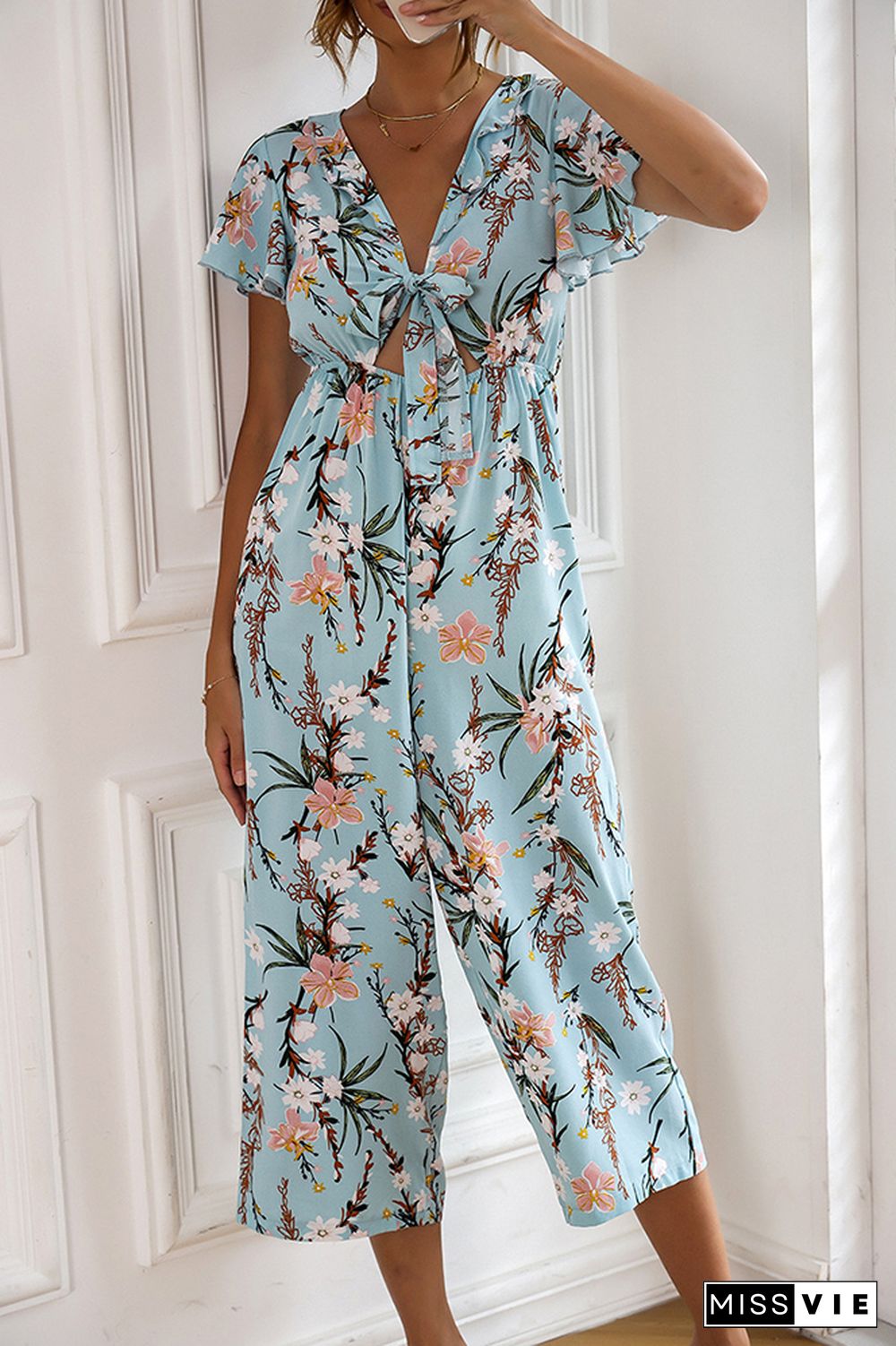 Floral Print Tie Knot Long Jumpsuit Wholesale