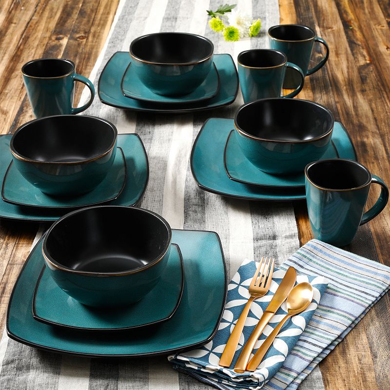 Soho Lounge 16-Piece Soft Square Dinnerware Set in Teal Green