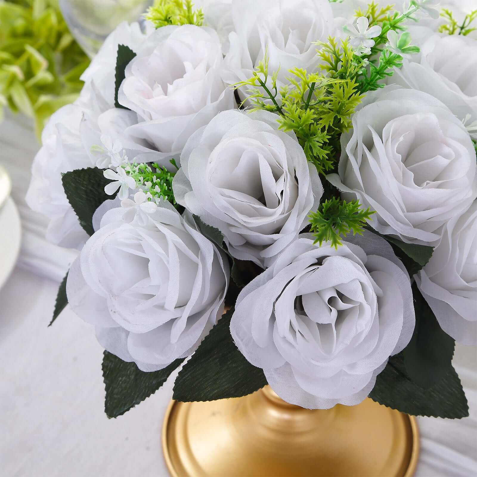 2 Pack White Artificial Flower Ball Bouquets For Centerpieces 15-Head Silk Rose Kissing Balls 10