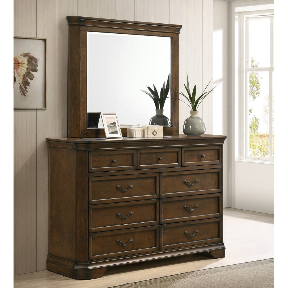 Roundhill Furniture Maderne Traditional Wood Panel Bed with Dresser  Mirror  Nightstand  Antique Walnut Finish