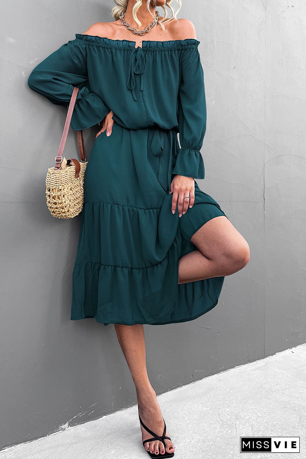 Solid Color Off Shoulder Ruffle Long Sleeves Dress Wholesale