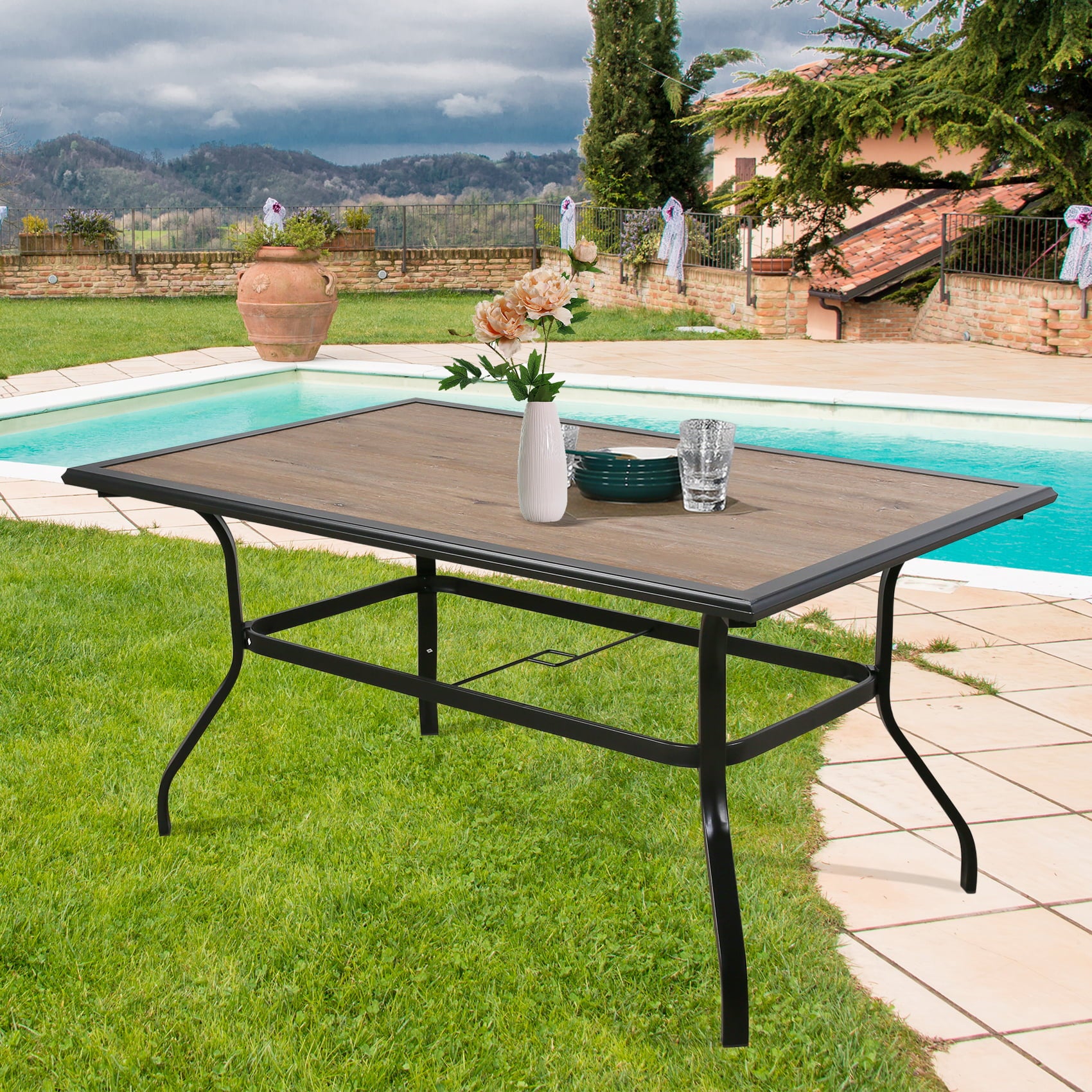 Ulax Furniture Patio Outdoor 61.5" Rectangular Dining Table, Metal Frame & Wood-Like Tabletop with 1.57” Umbrella Hole for 6 Person