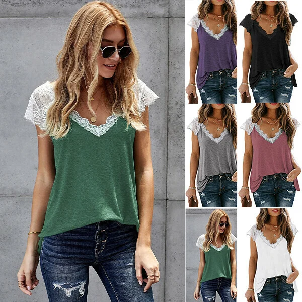 🔥🔥Women's V Neck Lace Vest Summer Casual Short-sleeved Top