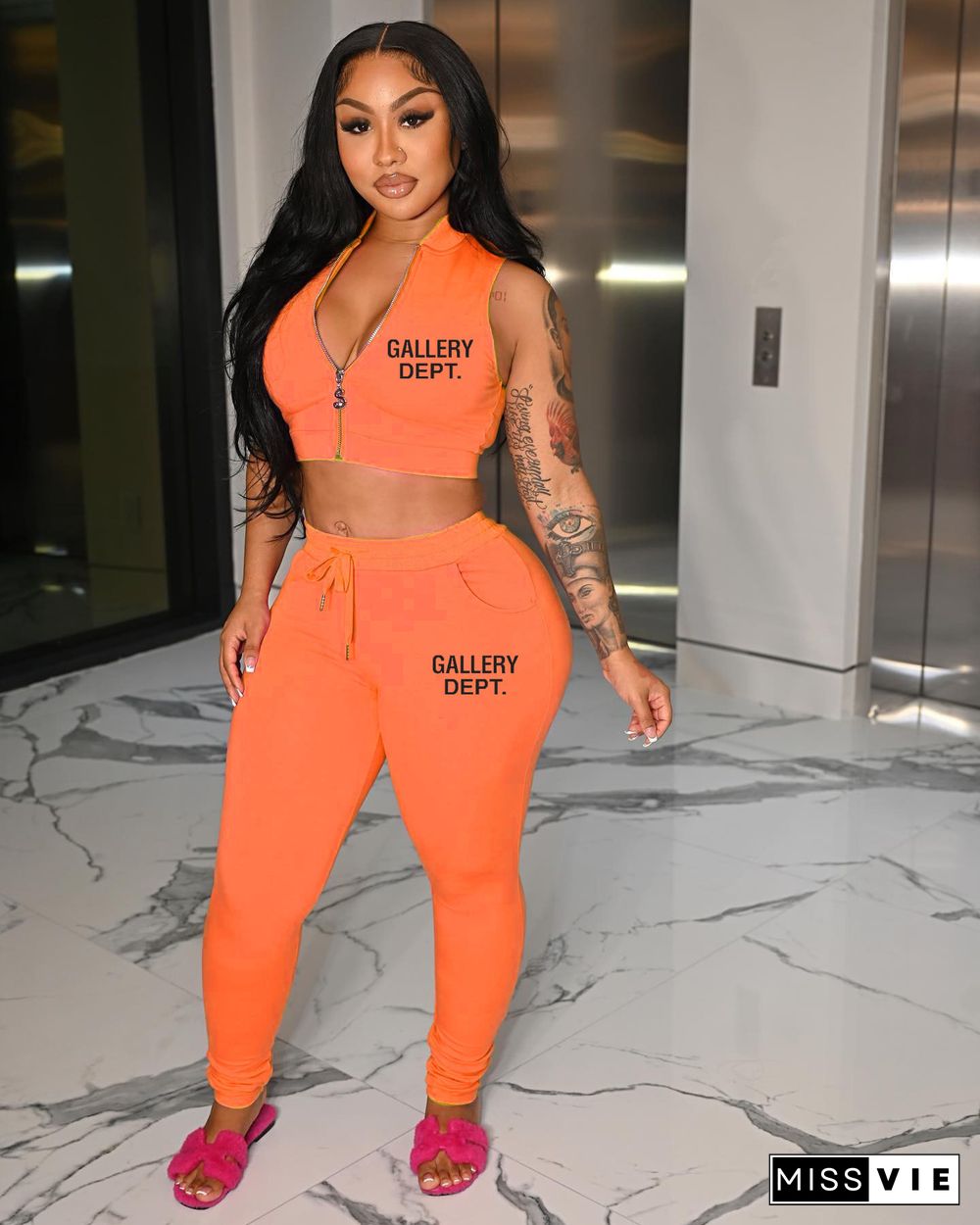 Zipper Sleeveless Crop Tops Long Pants Two Piece Set