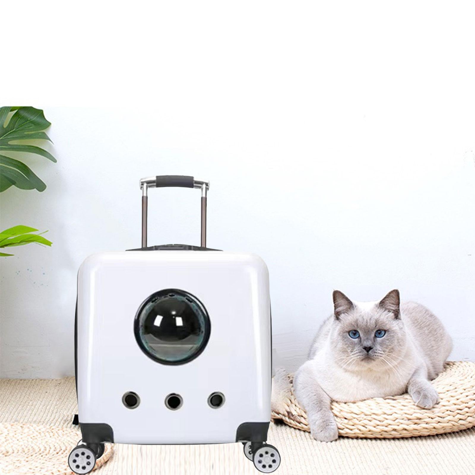 Cat Trolley Case Backpack with Wheel Transparent Space Package Tote Pet Carrier Cage Carrying Bag for Small Animals Puppy Kennel Rabbit white