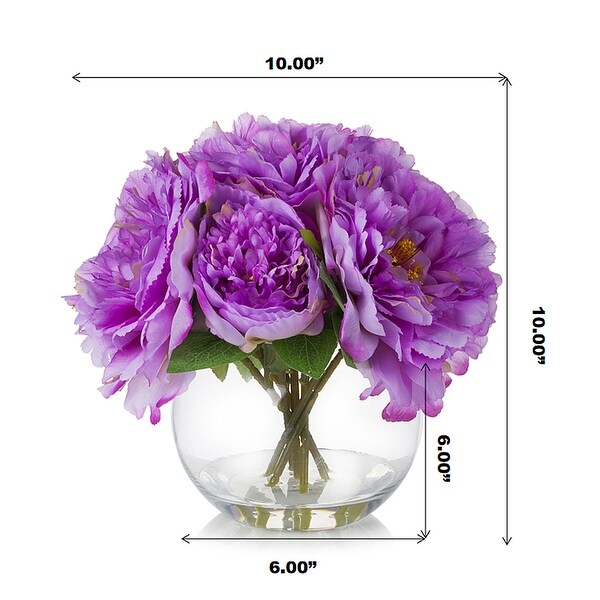 Enova Home Artificial Silk Peony Fake Flowers Arrangement in Round Glass Vase with Faux Water