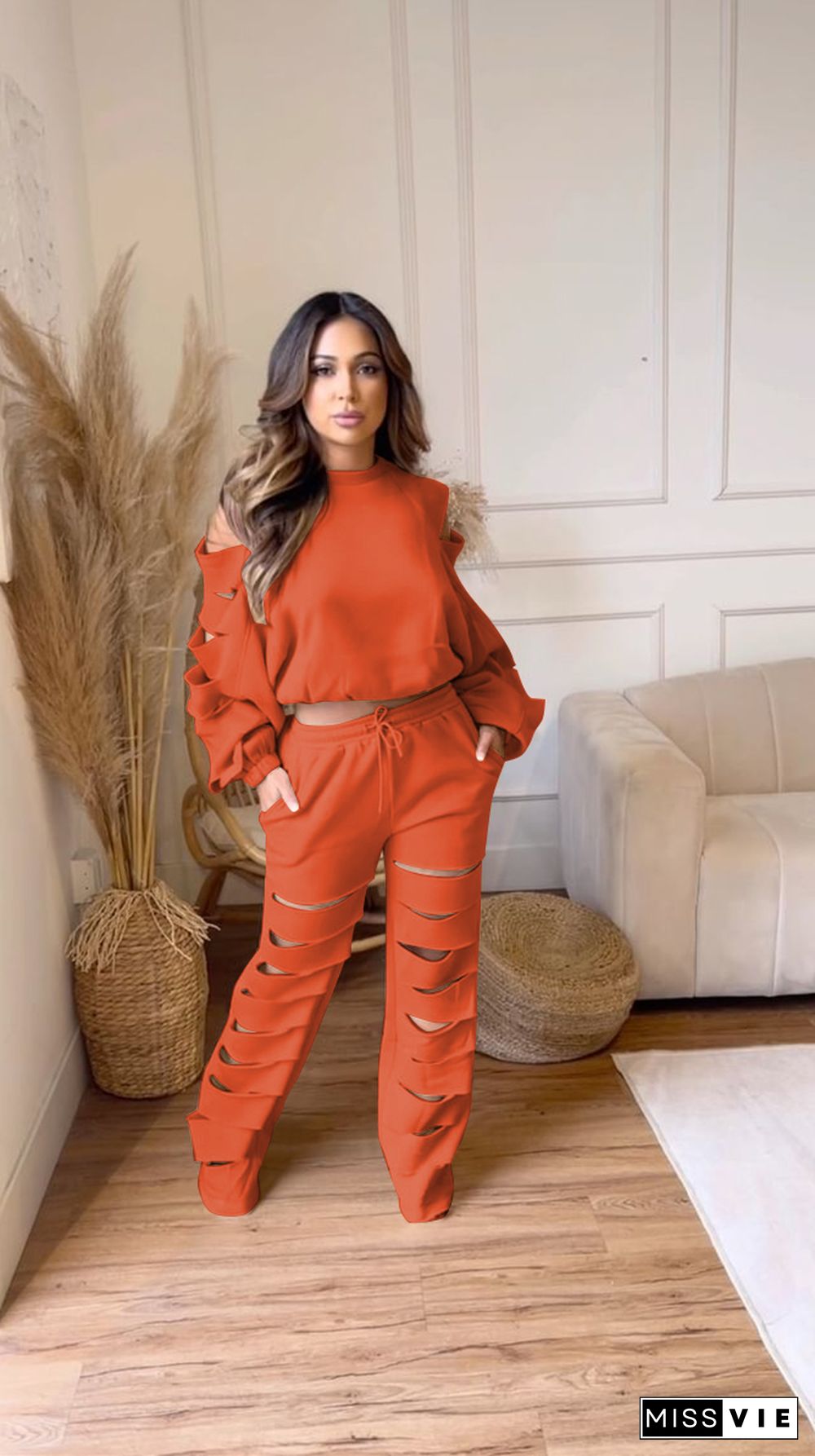 Cut Out Holes Long Sleeve T-shirt and Pants Outfits