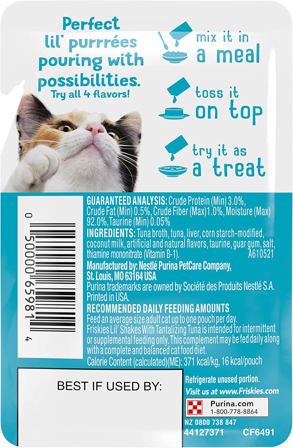 Purina Friskies Wet Pureed Cat Food Topper Lil' Shakes with Tantalizing Tuna - (16) 1.55 oz. Pouches