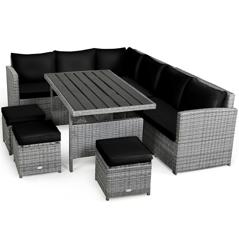 7 Pcs Rattan Patio Dining Furniture Sectional Sofa Set with Dining Table, Ottomans & Cushions