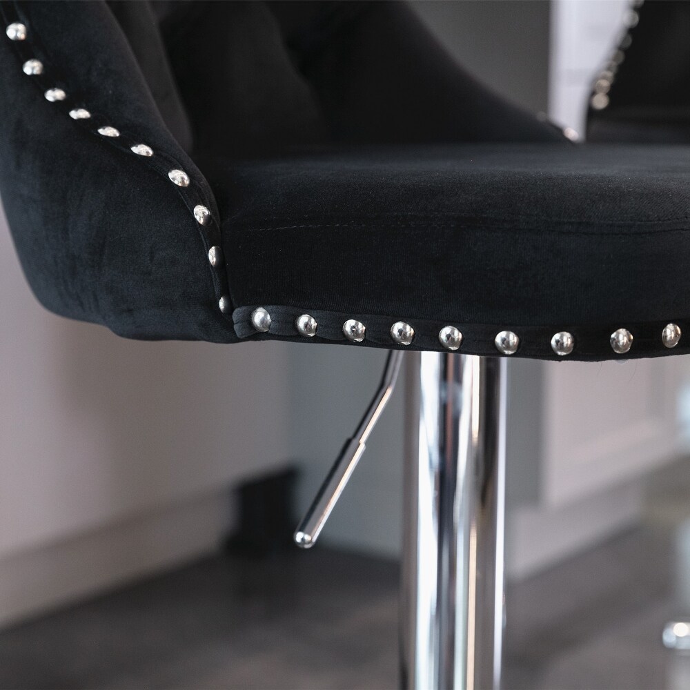 Velvet Swivel Chrome Base Bar Stools Black Button Tufted Barstools with Adjusatble Seat Height and Footrest Dining Chair 2pcs