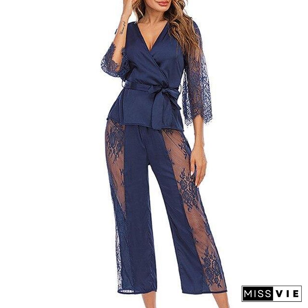 Women 2 Piece Set Sexy Two Piece Fashion Sexy Lace Sets Wear Lounge Wear Pocket Home Sleep Set Tops+pants Suit Female#f30