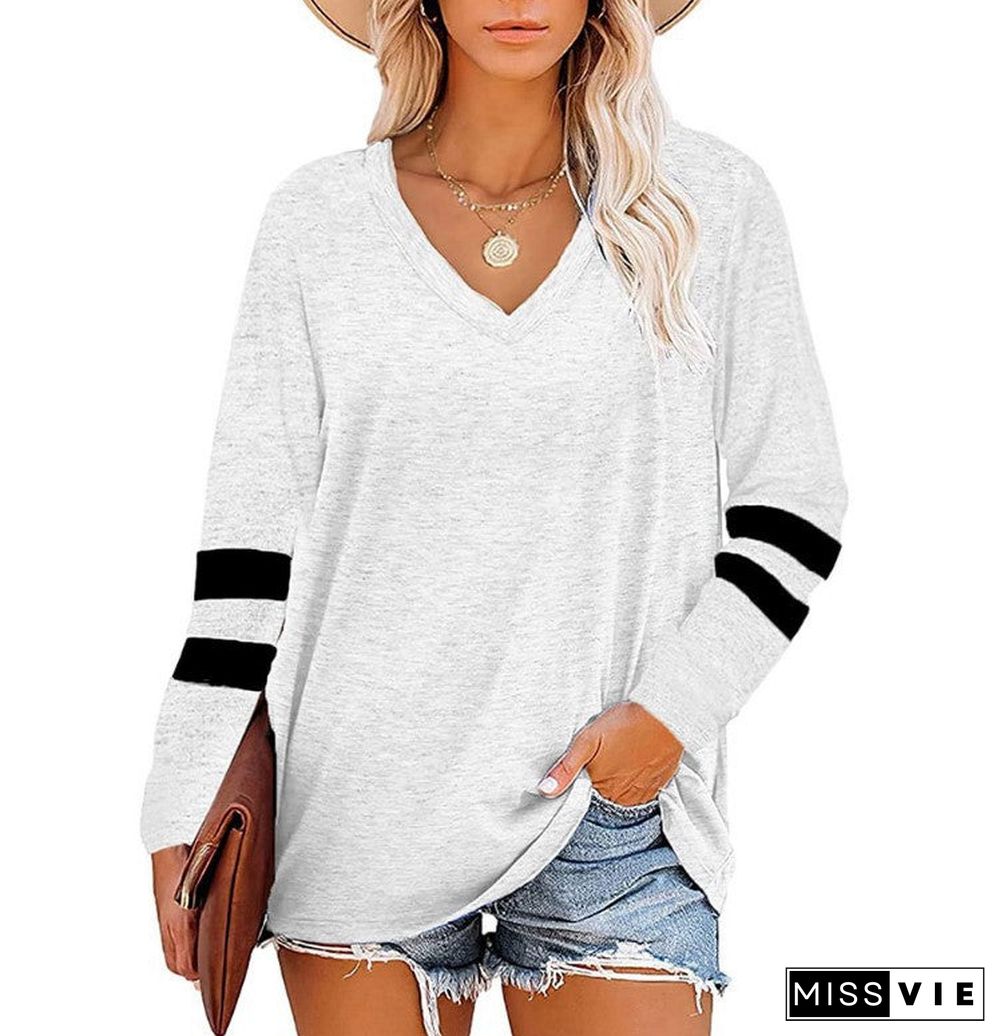 Women's Color V-neck Striped Stitching Long-sleeved Loose Blouses