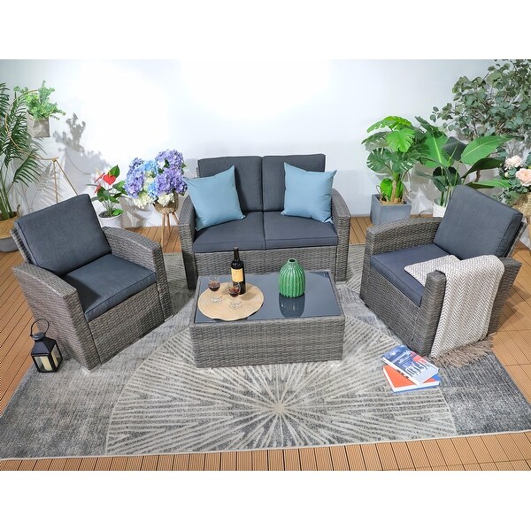 4 Person Patio Rattan Conversation Set with Grey Cushions Outdoor Tempered Glass Table